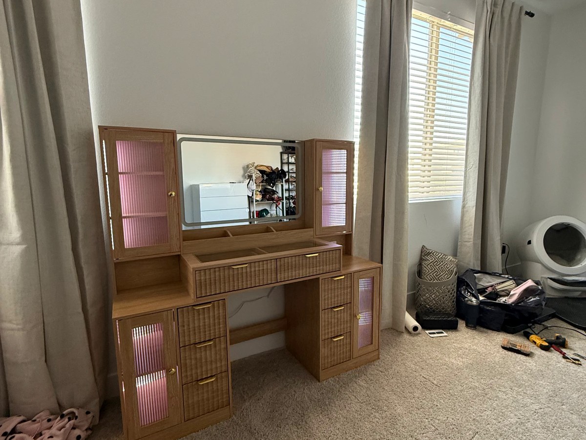 LED Makeup Vanity & Mirror Hutch — after assembly