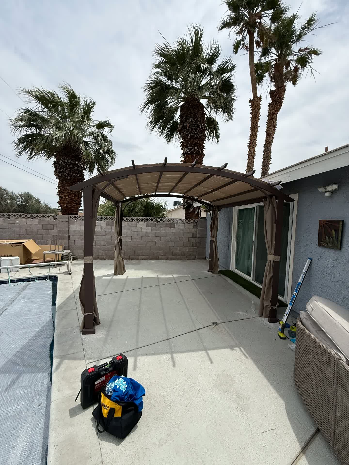 Arched Poolside Pergola with Canopy — after assembly