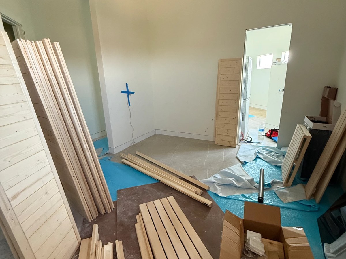 Indoor Cedar Sauna Cabin — before assembly