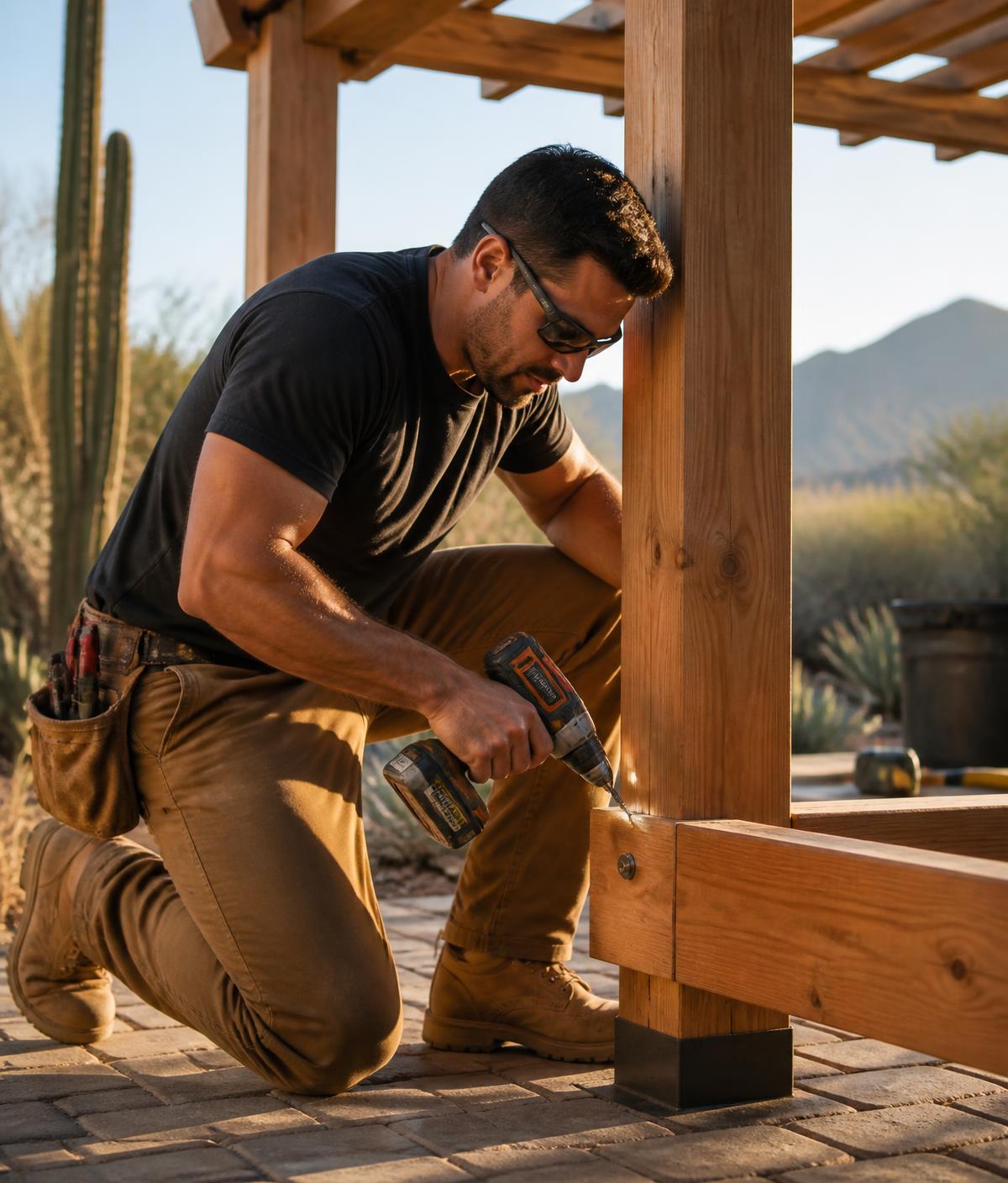 Built It assembler installing a backyard pergola in Las Vegas